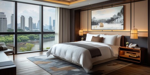 Modern Hotel Bedroom With Large Windows And View Of Green Trees