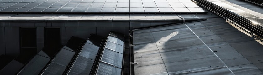 Photovoltaic cells on a sleek rooftop, generating solar power, top view, emphasizing renewable energy solutions, technology tone, Monochromatic Color Scheme