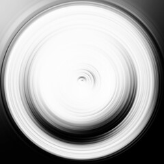 Black and white radial motion effect. Abstract rounded background. Grayscale curves and sphere. Monochrome gradient rings and circles wallpaper. Colorless texture backdrop and banner.