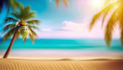 Obraz premium palm tree, tropical beach background. blur bokeh light of calm sea and sky. summer vacation background concept.