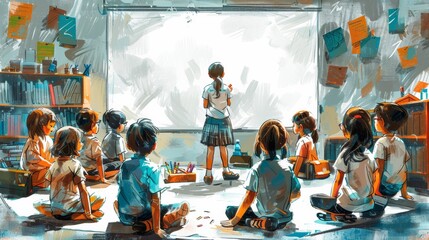 illustration of an English teacher woman taking her class to an experiential learning journey