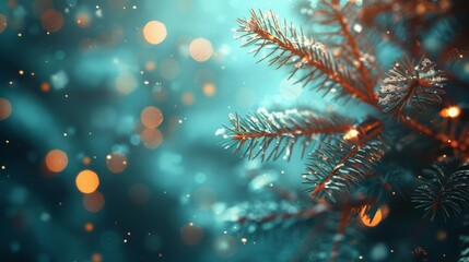 Closeup of Christmas tree with bokeh light in the background. Christmas and New Year holiday background. vintage color tone.