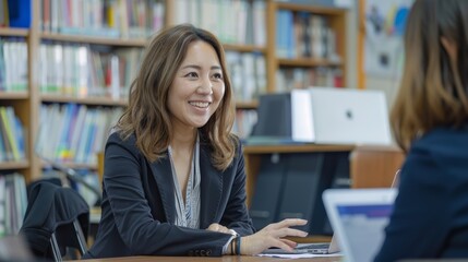 female teacher of school subjects, Japanese appearance, explaining material to student.