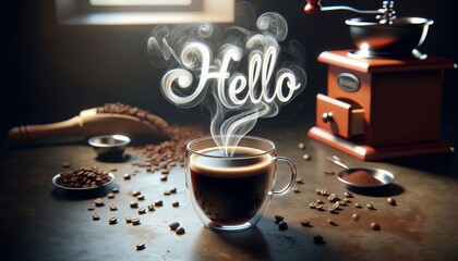 Hello, Coffee. Steaming Cup of Coffee with Smoke Written "Hello" - A cup of coffee with steam rising and forming the word "Hello" against a background of a vintage coffee grinder and scattered coffee 