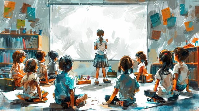 illustration of an English teacher woman taking her class to an experiential learning journey