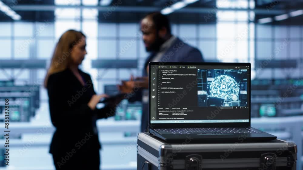 Poster focus on notebook used by server farm technicians in background using artificial intelligence comput