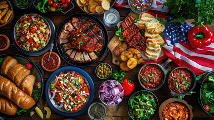 A vibrant spread of grilled dishes and salads for a summer barbecue party with an American flag background. Perfect for festive and culinary themes.