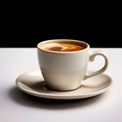 Fototapeta premium A classic coffee cup filled with aromatic coffee, showcasing steam rising from the dark brew against a plain background.