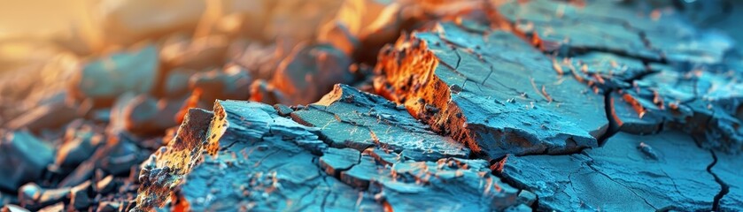 Close-up image of layered blue rocks with visible cracks and orange highlights, suggesting a geological or mineralogical focus. The background is softly blurred with warm lighting.