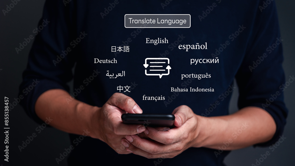 Poster hands holding smartphone with multilingual text icons. translation technology concept. app for commu