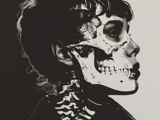 Black and white artistic portrait featuring a person with skull makeup, blending seamlessly with the background for a haunting effect.