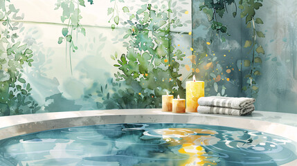 Aromatherapy candles burning beside a tranquil spa tub filled with fragrant essential oils, surrounded by watercolor illustrations of relaxing landscapes and natural elements, creating a blissful