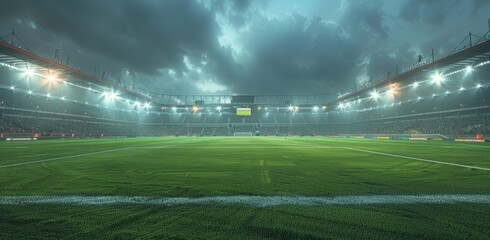 Empty Soccer Stadium at Night With Floodlights Illuminating the Field