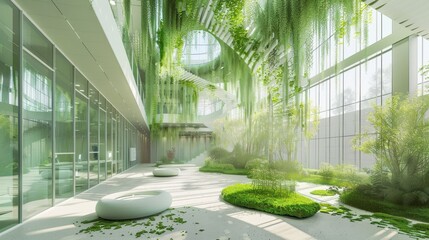 Green atrium in a corporate headquarters, integrating nature and workspaces, side view, emphasizing wellness and sustainability, digital binary as object, colored pastel