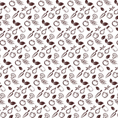 Monochrome seamless pattern with tasty wholesome food, eco healthy products, fresh fruits, berries and vegetables hand drawn with contour lines on white background.