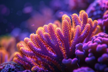 Obraz premium Vibrant Underwater Scene with Colorful Coral Reefs Displaying Bright Purples and Oranges in a Deep Ocean Environment with Soft Lightingcoral reef