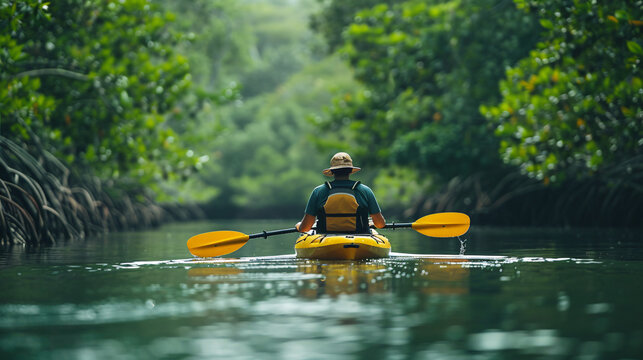 A kayaker paddles through tranquil waters, exploring remote mangrove forests teeming with wildlife, highlighting the importance of sustainable travel in preserving fragile ecosystems.