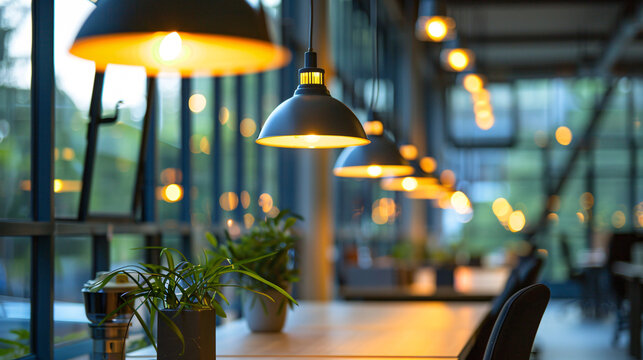LED light bulbs illuminate a modern office space, symbolizing the transition to energy-efficient lighting solutions in eco-friendly workplaces.