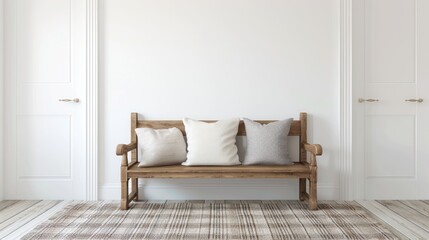 a wooden bench with pillows against a wall, showcasing country farmhouse design elements in a minimalistic style against a grey backdrop.