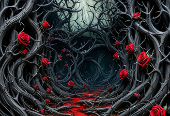 black gothic background with Red roses and  vines, leaves and thorns