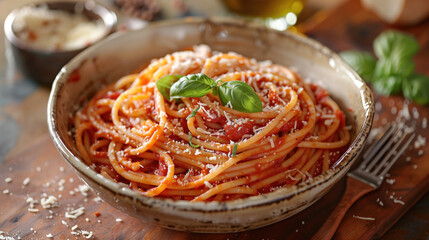 Fototapeta premium A classic Italian pasta dish with rich tomato sauce, sprinkled with fresh basil and parmesan cheese