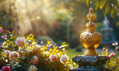 Fototapeta premium A golden perfume bottle with intricate porcelain designs, elegantly placed on a stone pedestal, surrounded by blooming flowers and greenery