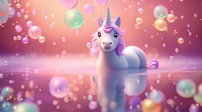 A cute unicorn floats in a whimsical bubble-filled scene, bathed in soft pastel light. The atmosphere is magical and enchanting.