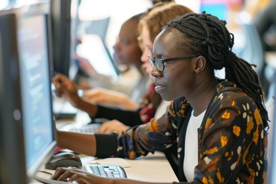 Focused woman coding on a computer