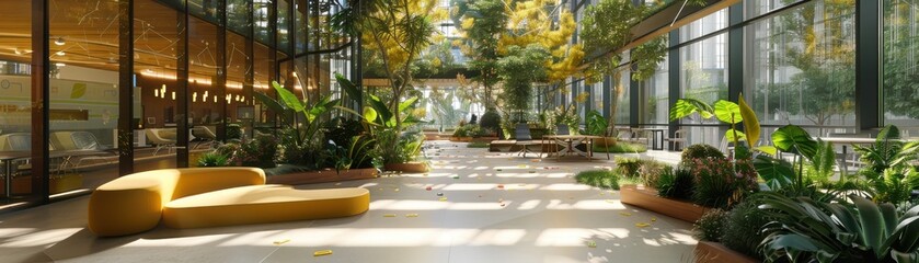 Fototapeta premium Green atrium in a corporate headquarters, integrating nature and workspaces, side view, emphasizing wellness and sustainability, digital binary as object, colored pastel