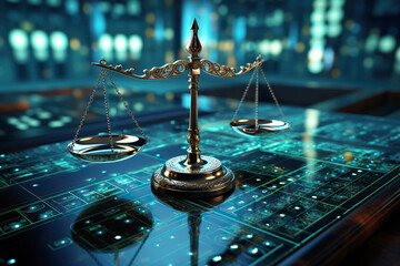 generated illustration of the scales of justice with a blue electric digital background.