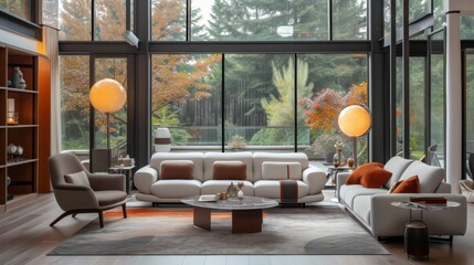 A contemporary living room with comfortable decor, including a cozy sofa