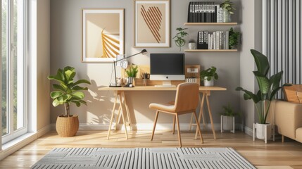 A modern home office setup with a sleek desk, computer, and stylish furniture