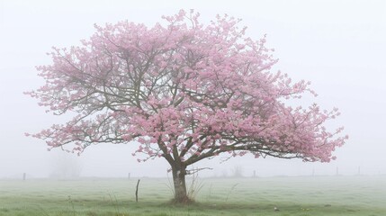 Soft-focus spring blossom tree in morning mist