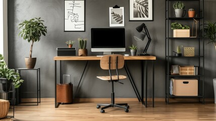 A modern home office setup with a sleek desk, computer, and stylish furniture
