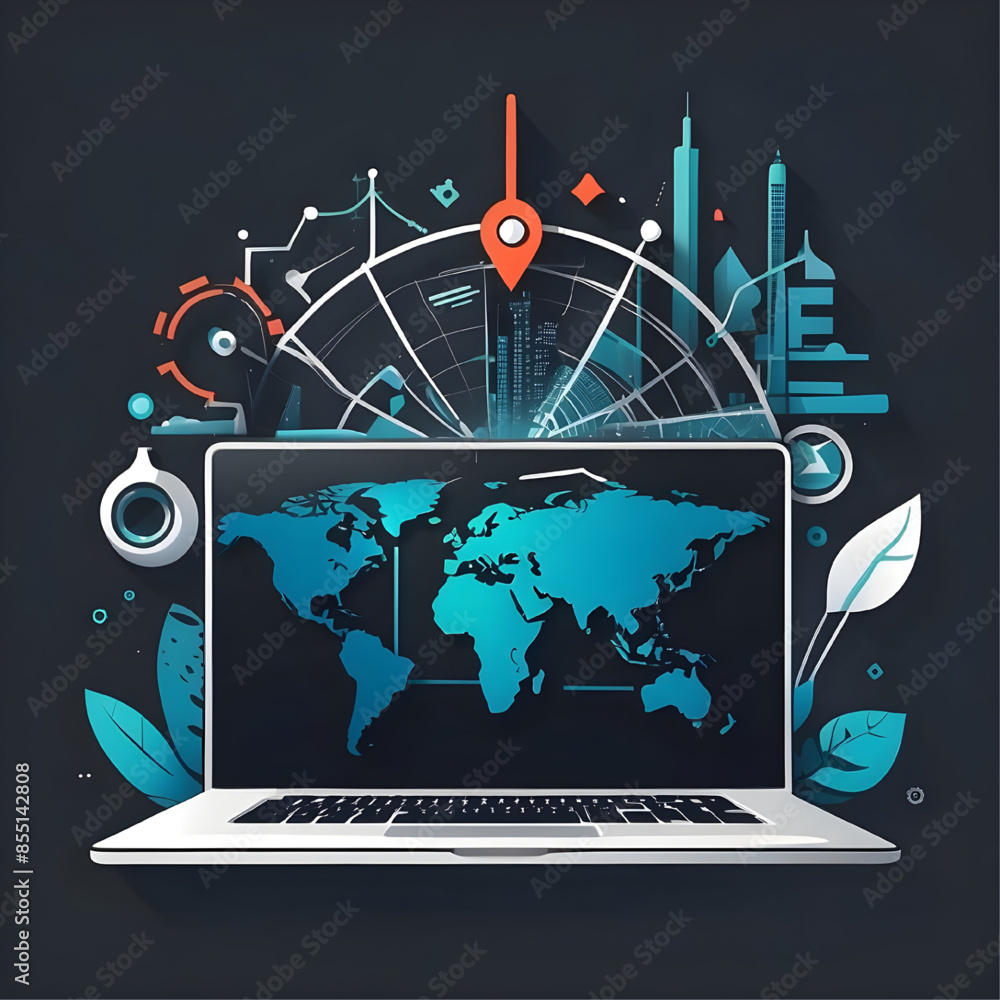 Poster global connectivity: a laptop with a world map on its screen, surrounded by abstract shapes and symb