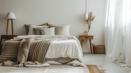 A minimalist bedroom with modern furniture, including a comfortable bed, soft pillows, and warm blankets