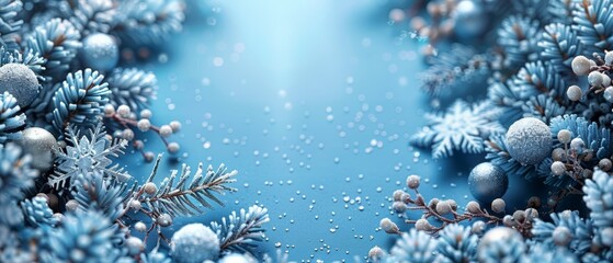 Fototapeta premium Frosted winter branches with shimmering blue background.