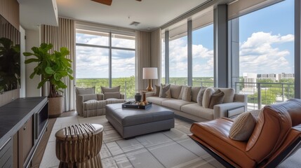 A living room with large windows, allowing plenty of natural light to illuminate the stylish decor