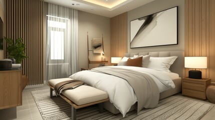A contemporary bedroom with cozy decor, including a comfortable bed