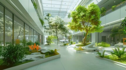 Obraz premium Green atrium in a corporate headquarters, integrating nature and workspaces, side view, emphasizing wellness and sustainability, digital binary as object, colored pastel