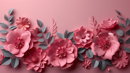 Fototapeta premium Pink paper flowers and leaves on a pink background.