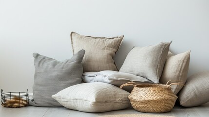 a chair adorned with a pile of soft pillows next to elegant fabric bags with window decorations in light gray tones, set against a pristine white background.