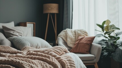 A contemporary bedroom with cozy decor, including a comfortable bed