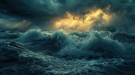 Tempestuous Ocean Waves at Twilight - Powerful ocean waves crashing under dramatic twilight skies, capturing the intense beauty of nature's fury.