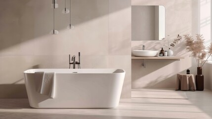 A modern bathroom with a clean design, featuring a sleek bathtub, stylish fixtures, and minimalist decor