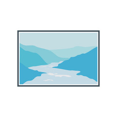 Landscape overlooking a mountain lake with silhouettes of mountains, lake, river and pine forest at sunrise or sunset.