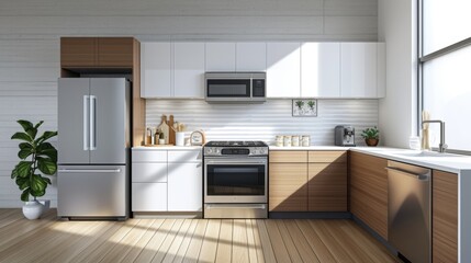 Fototapeta premium A kitchen with modern appliances, including a sleek refrigerator, stove, and microwave