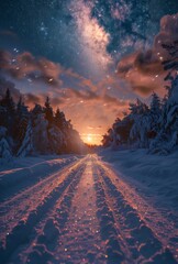 Snowy Forest Path Under a Starry Sky at Sunset