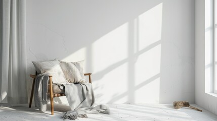 a chair adorned with a pile of soft pillows next to elegant fabric bags with window decorations in light gray tones, set against a pristine white background.