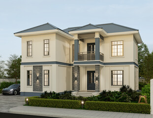 3D illustration, architecture, modern style two-storey house, white, gray roof,rendering with garage and natural scenery background.